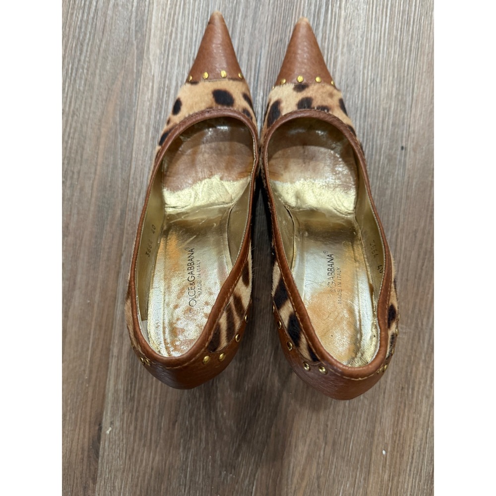 Dolce & Gabbana Leopard Pony Hair Studded Pointed Toe Pumps Brown Leather 40 - Picture 7 of 12